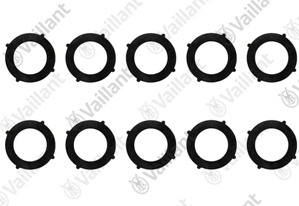 Schwarze Dichtungsringe in rechteckiger Form, angeordnet in drei Reihen, mit dem Markennamen Vaillant im Hintergrund.